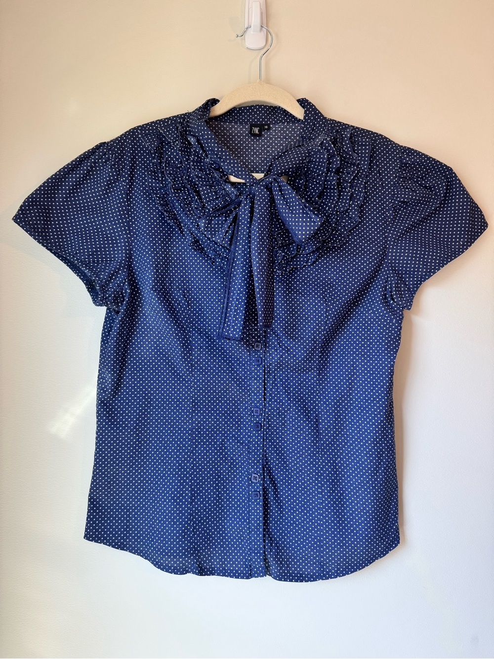 Vintage Polka Dot Tie-Neck Short Sleeve %100 cotton Blouse - Navy